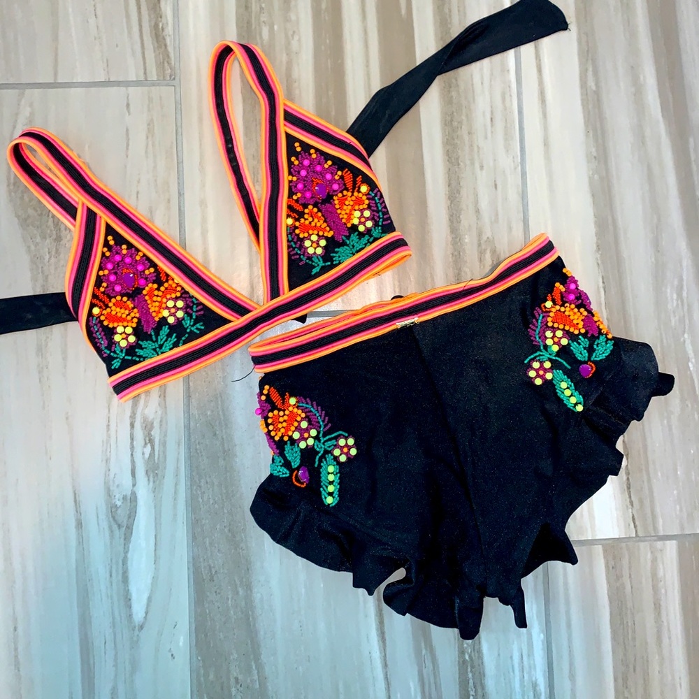 PatBO Black and Multicolor Embroidered Bikini
